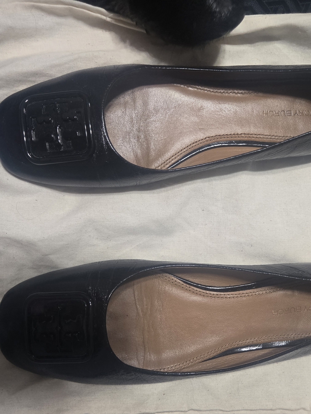Tory Burch Black Patent Leather Logo Square-Toe Flats